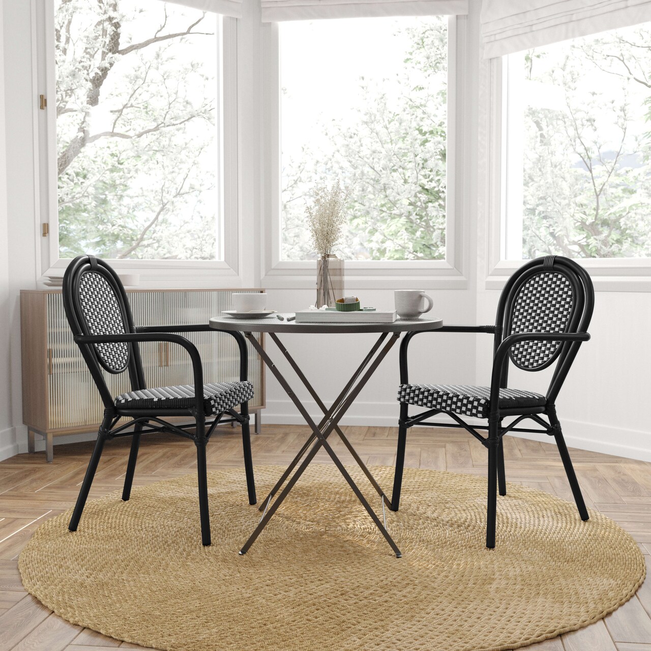 Merrick Lane Celia Set of Two Stacking Thonet Bistro Style Chair with Arms, PE Rattan Seat, and Metal Frame for Indoor/Outdoor Use